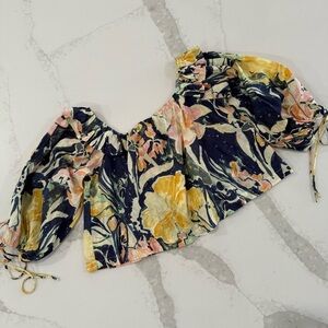 Free People Floral Puff Sleeve Off Shoulder Crop Top Women’s Small Blue/Yellow